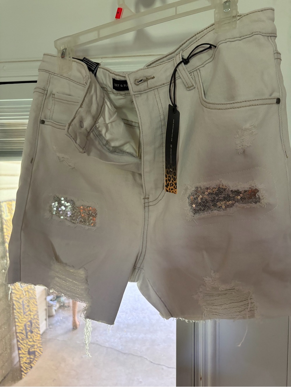 Sequin Patch Distressed White Jean Shorts